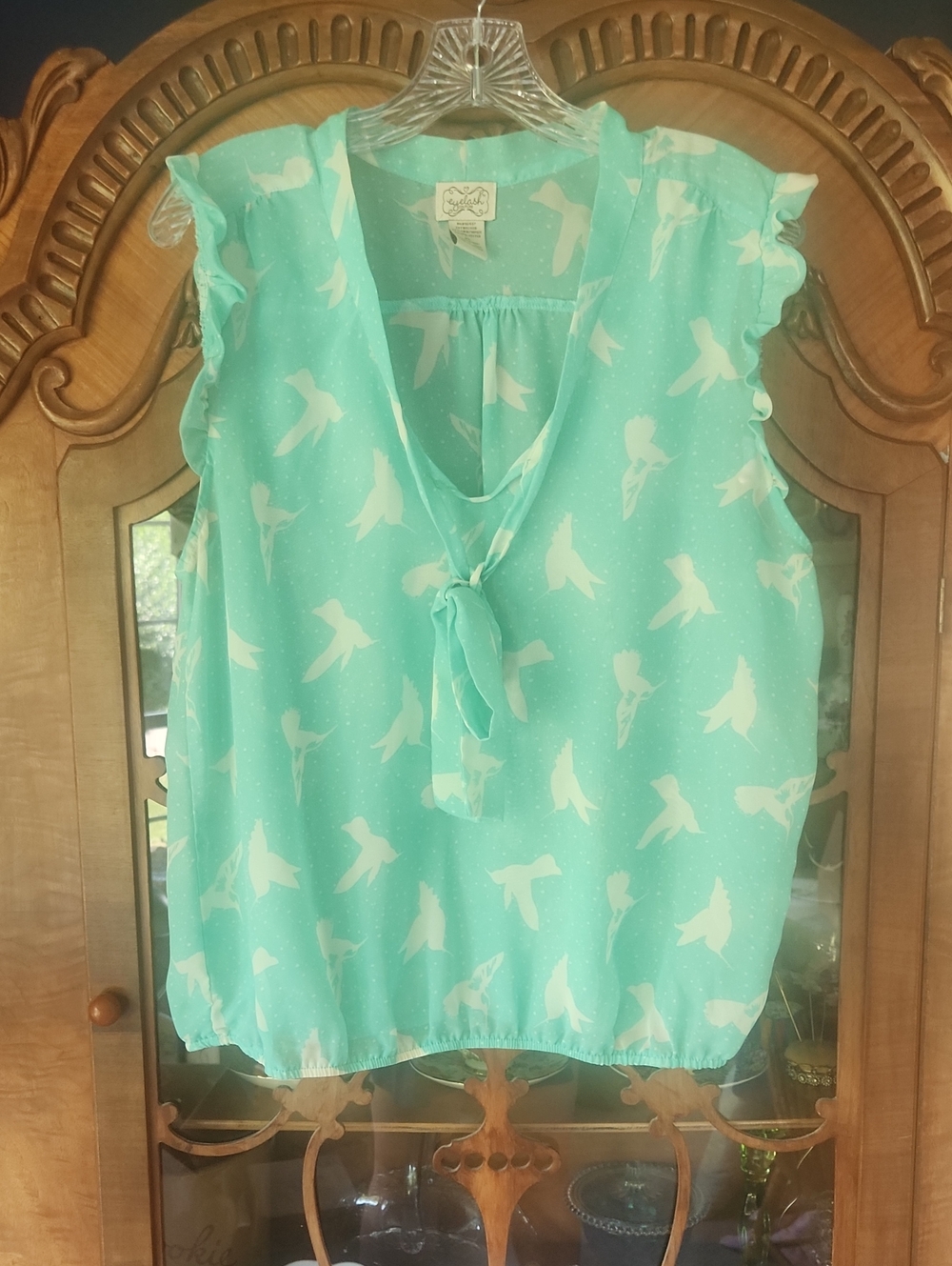 Eyelash Couture Mint Green Bird Print Tie Neck Blouse - Size XL